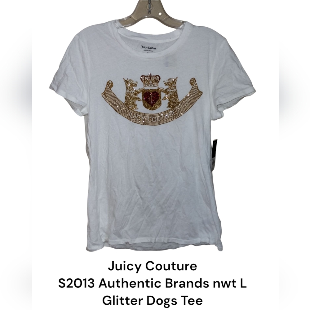 Juicy Couture T-shirt Glitter Dogs L White S2013 Authentic Brands nwt